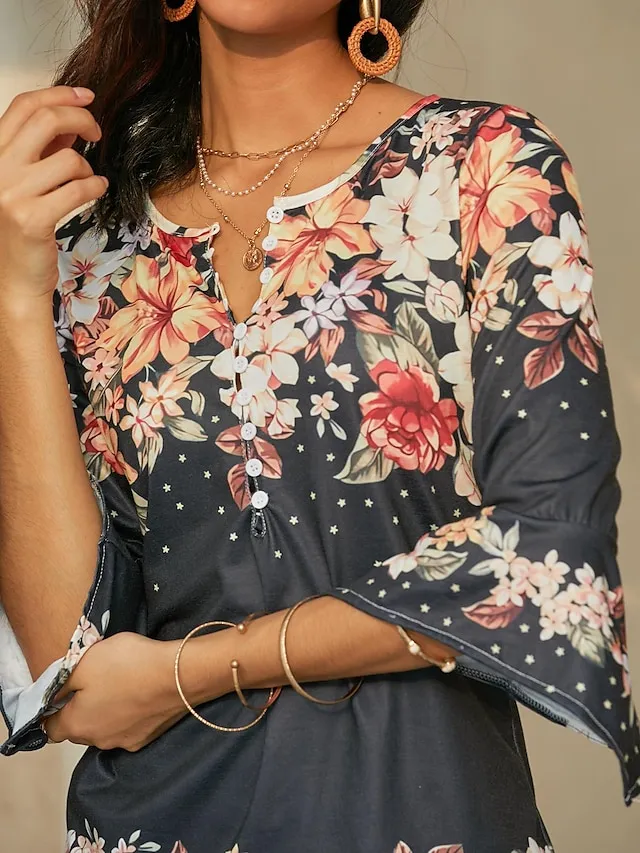 Women's Shirt Blouse Floral Button Print Holiday Basic 3/4 Length Sleeve Round Neck Black