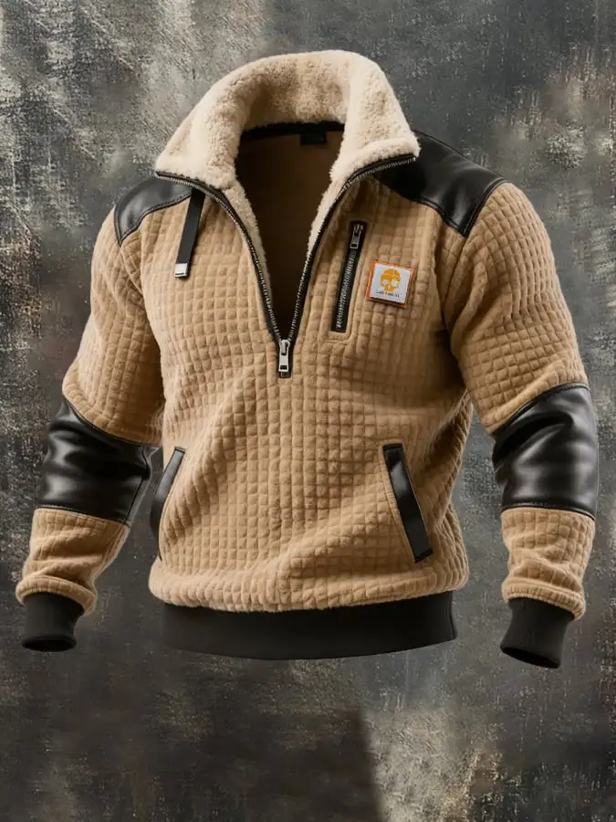 Men's Retro Knitted Square Check Leather Splicing Zipper Fur Collar Sweatshirt