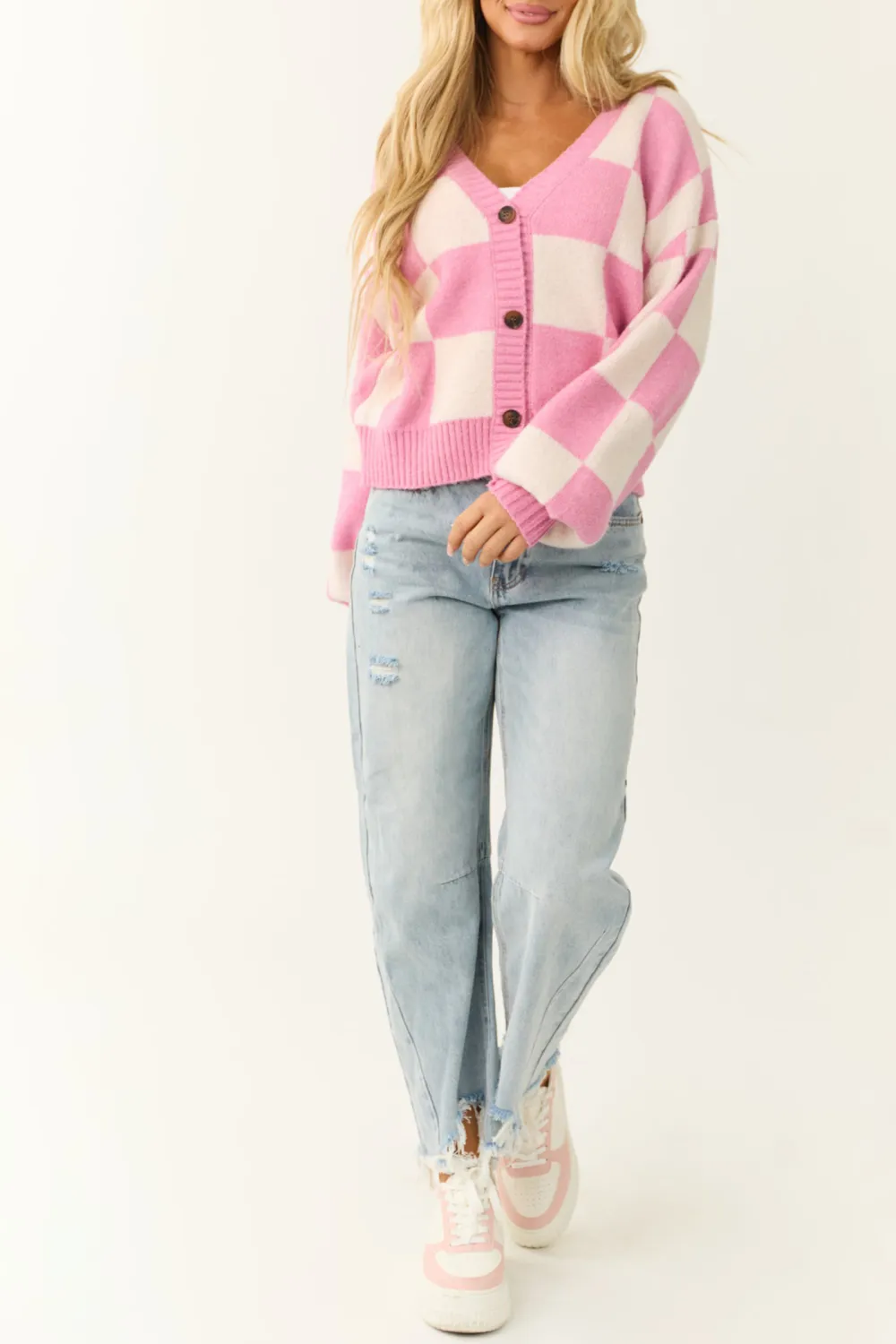 Bubblegum and Cream Checkered Print Cardigan