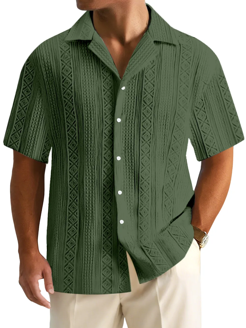 Men's Everyday Solid Color Textured Short-sleeved Cuban Collar Shirt