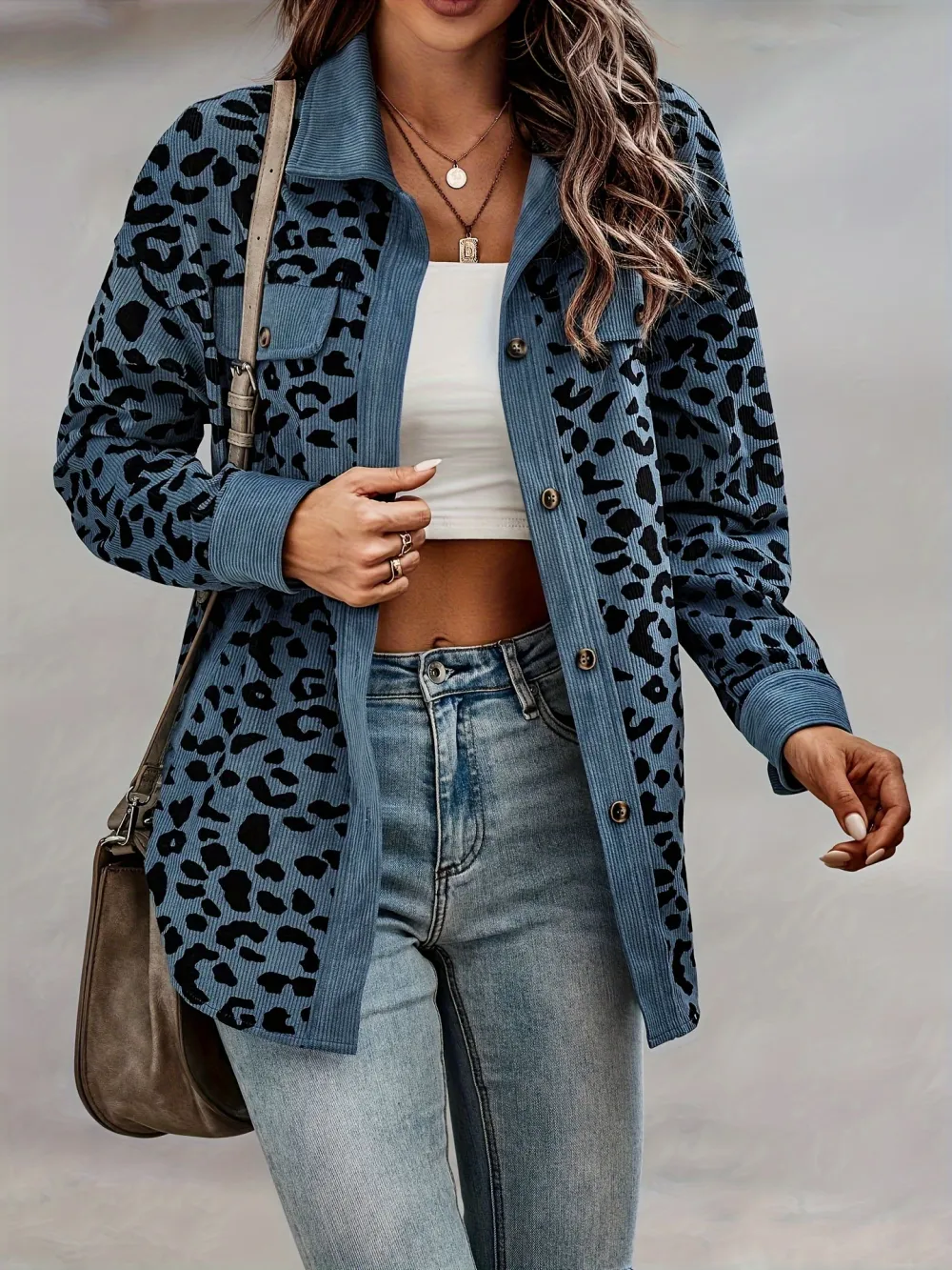 Wild Leopard Print Shacket Jacket - Soft, Casual, Button-Front, Turn-Down Collar, Long Sleeve, Outerwear for Women - Perfect for Daily Wear, Outdoor Activities, and Layering