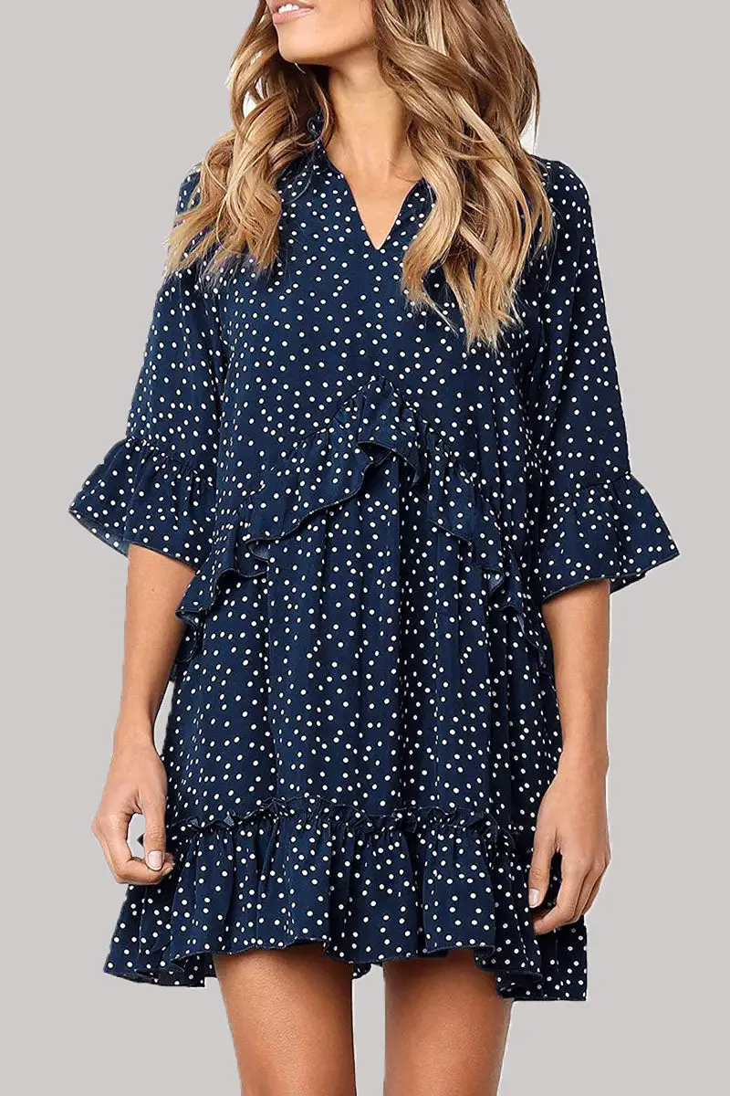 Fashion Casual Polka Dot Split Joint V Neck Princess Dresses