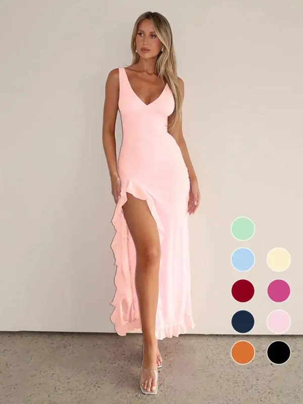 Women's Sleeveless Tank Dress-Solid Color, Thigh Slit, Summer Party Wear