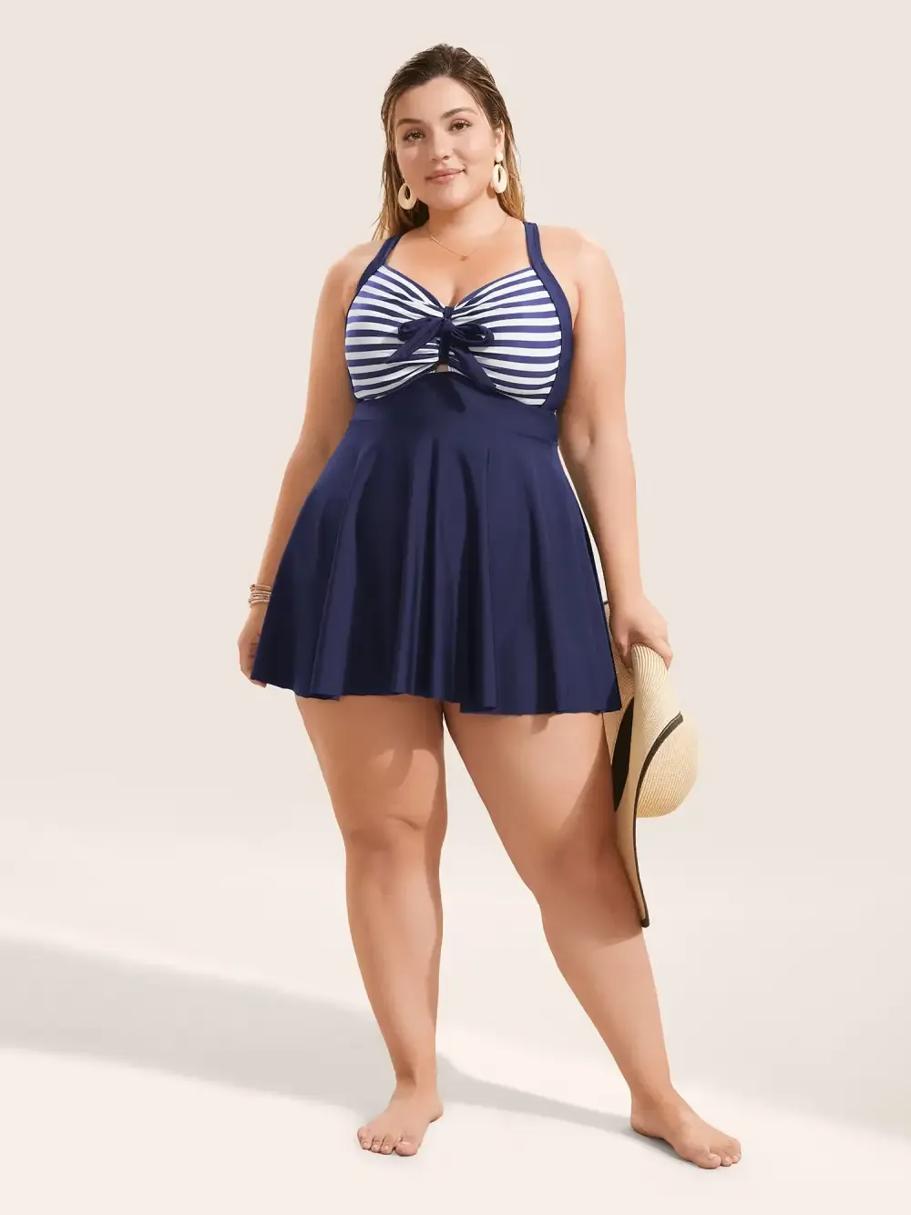 Stripes Patchwork Tie Knot Cross Straps Swim Dress