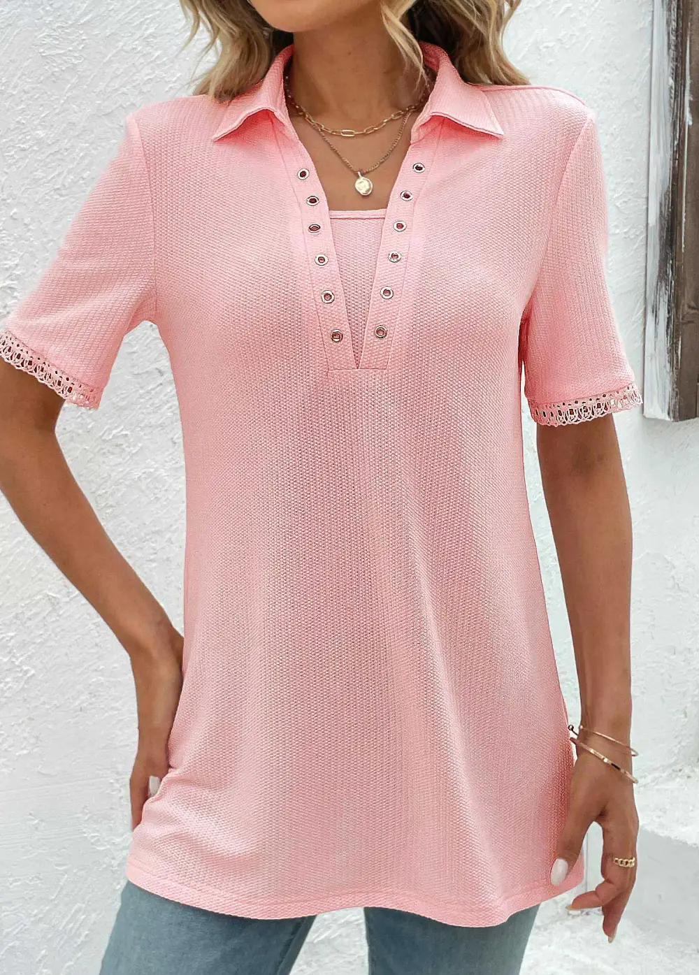 Pink Eyelet Short Sleeve T Shirt