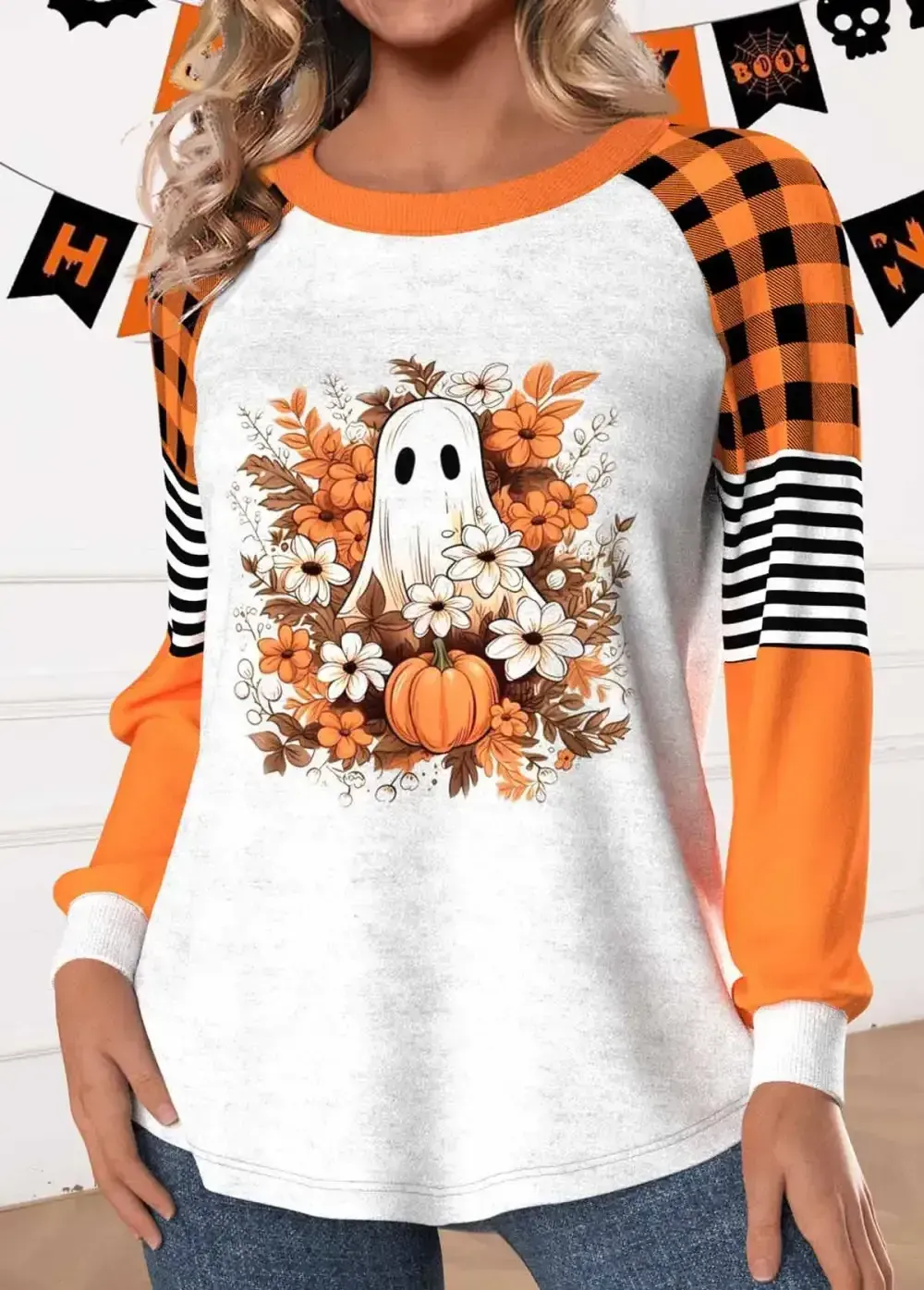 Halloween Orange Patchwork Long Sleeve Round Neck Sweatshirt