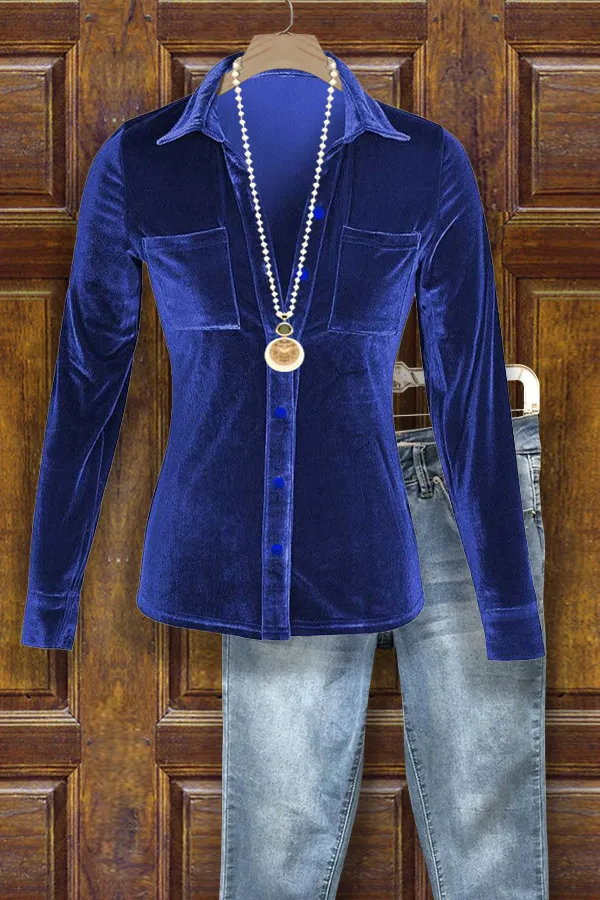 Velvet Long Sleeve Button Detailed Blouse