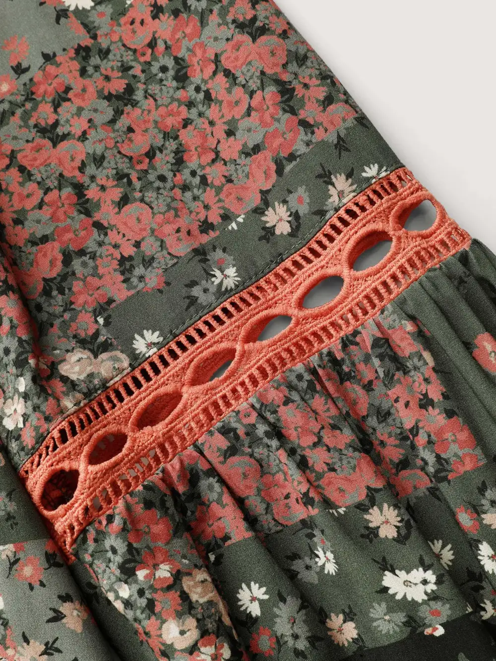 Floral Patchwork Shirred Pockets Midi Dress