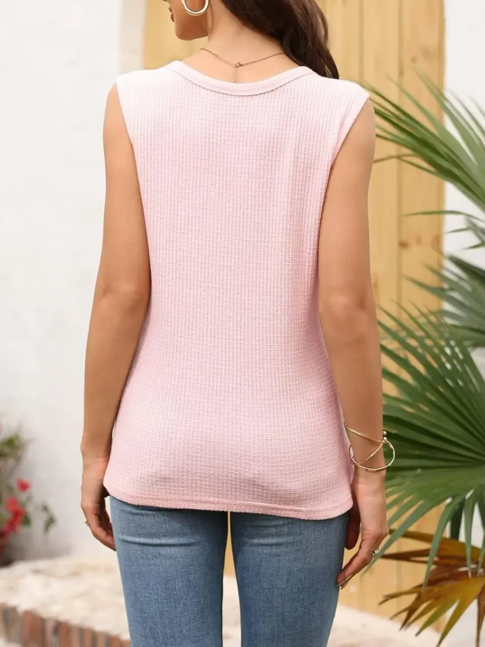 ✨Womens V Neck Waffle Knit Summer Casual Sleeveless Loose Tank Tops