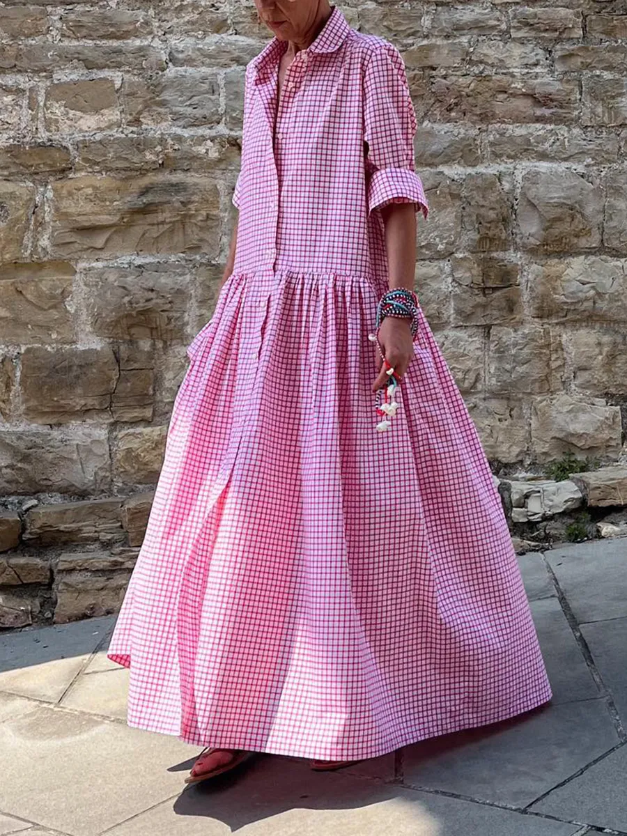 Women's Plaid Print Shirt Maxi Dress