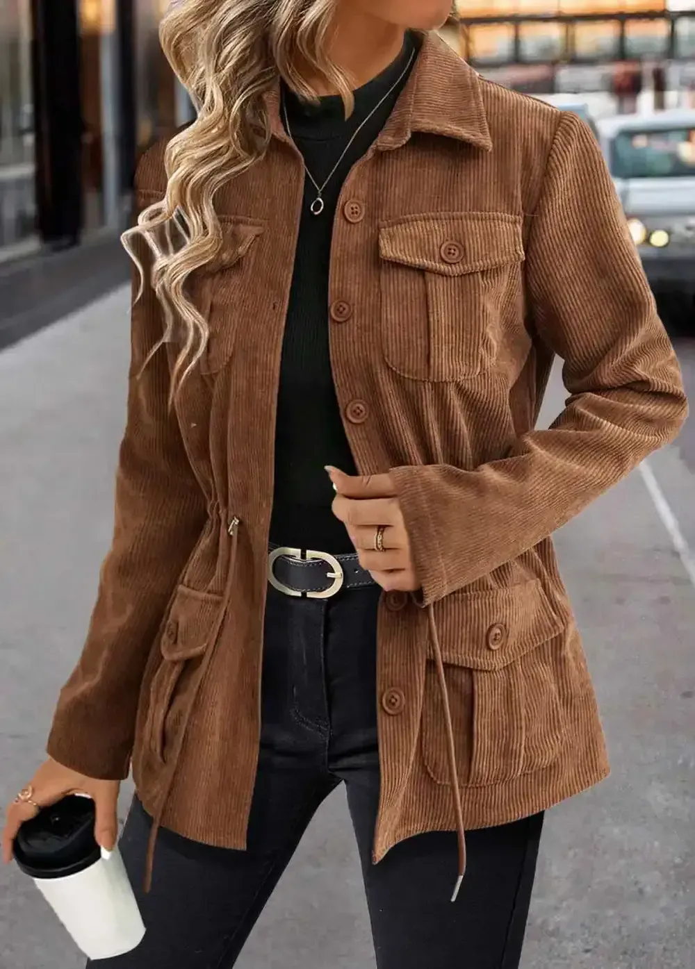 Dark Coffee Drawstring Long Sleeve Shirt Collar Coat