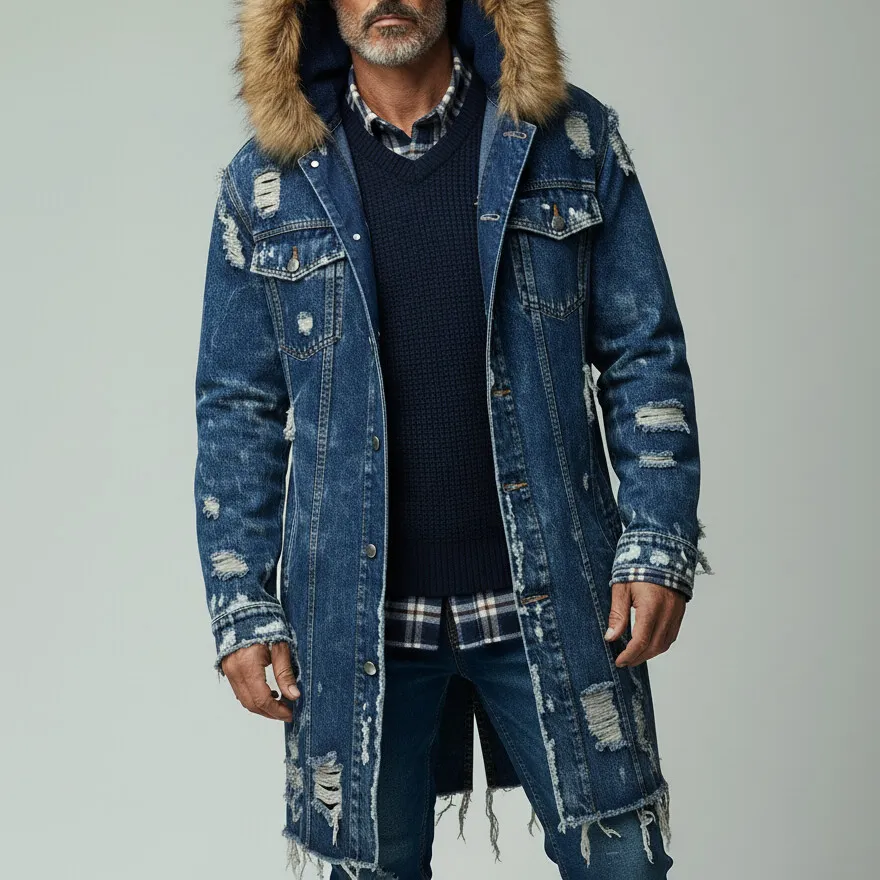 Men's Blue Ripped Raw Edge Long Sleeve Button Furry Hooded Denim Coat