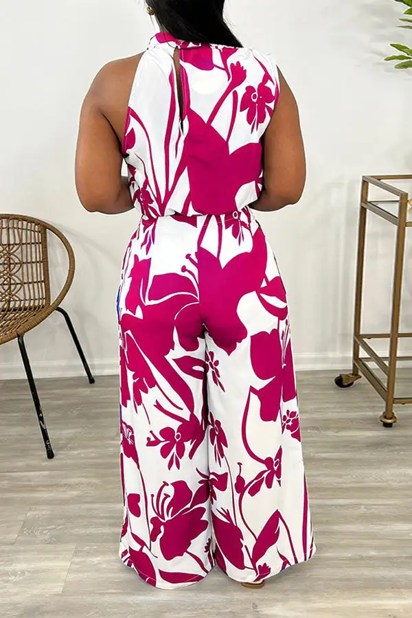 Floral Print Lace-Up Irregular Neck Pant Set