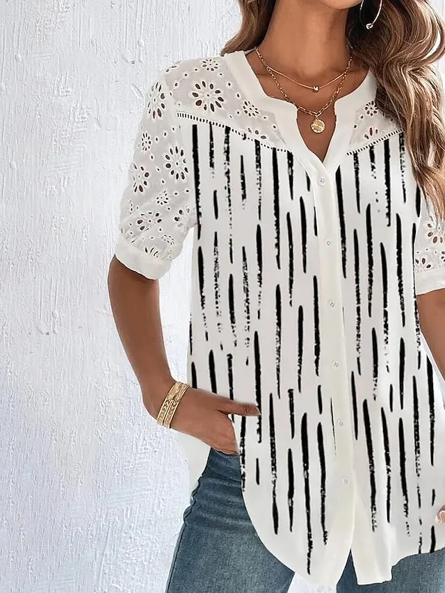 Women's Shirt Blouse White Eyelet Tops Black Pink Red Floral Lace Button Short Sleeve Casual Basic V Neck Regular Floral S