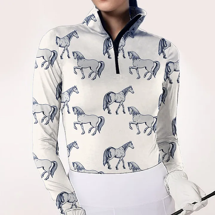 Women's Riding Style Horse Print Long Sleeve Casual Shirt