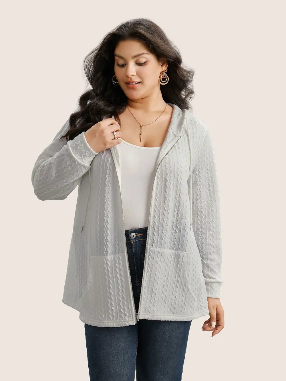 Plain Textured Zipper Hooded Sweatshirt