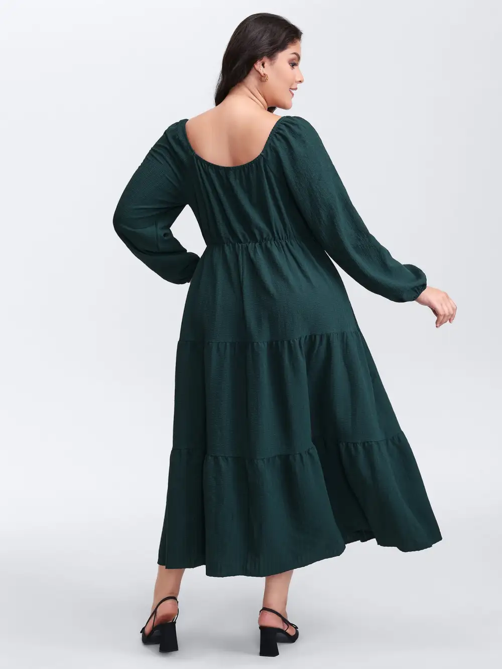 Textured Pockets Button Detail Tiered Maxi Dress