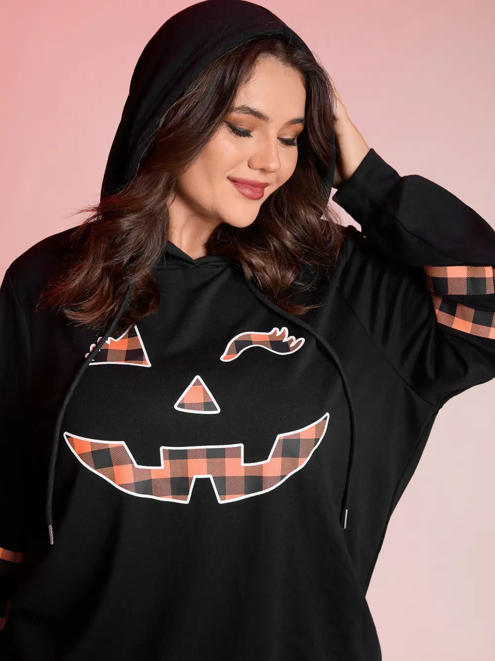 Pumpkin Plaid Print Solid Hoodie