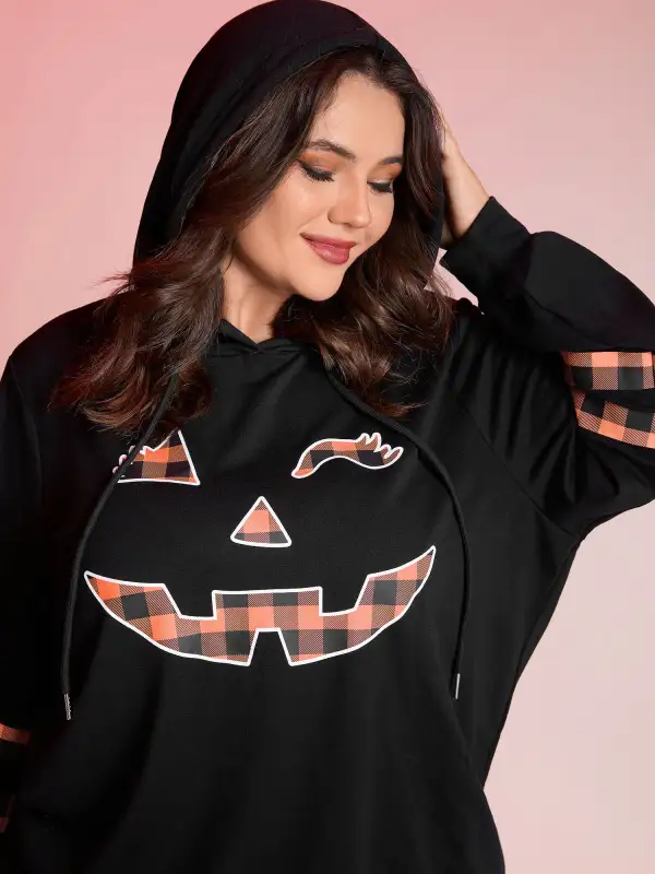 Pumpkin Plaid Print Solid Hoodie