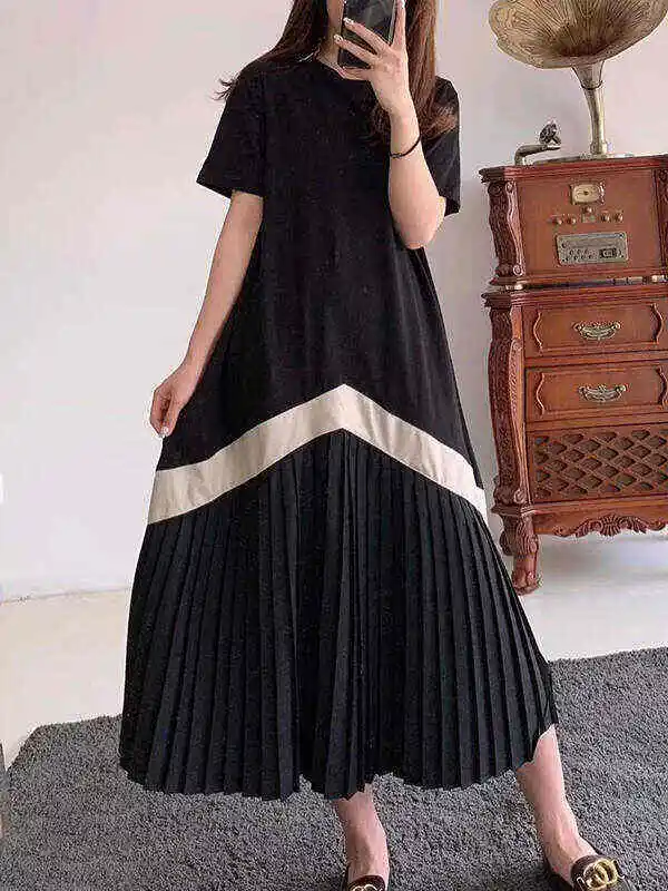 Original Pleated Splicing Loose Short Sleeve Round-Neck Dress