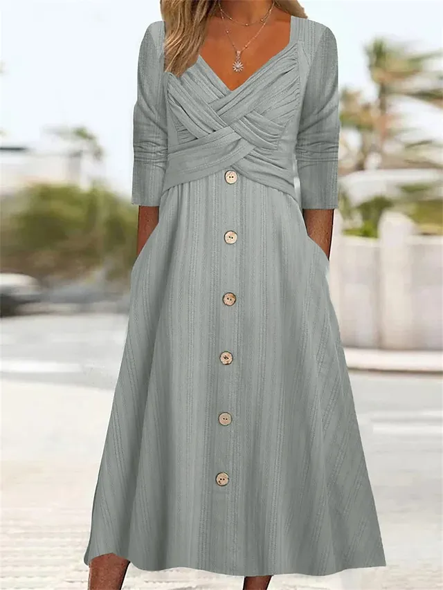 Women's Casual Dress Pleated Dress Plain Dress Plain Ruched Button V Neck Midi Dress Fashion Mature Outdoor Street Half Sleeve Loose Fit White Purple Green Summer Spring S M L XL XXL