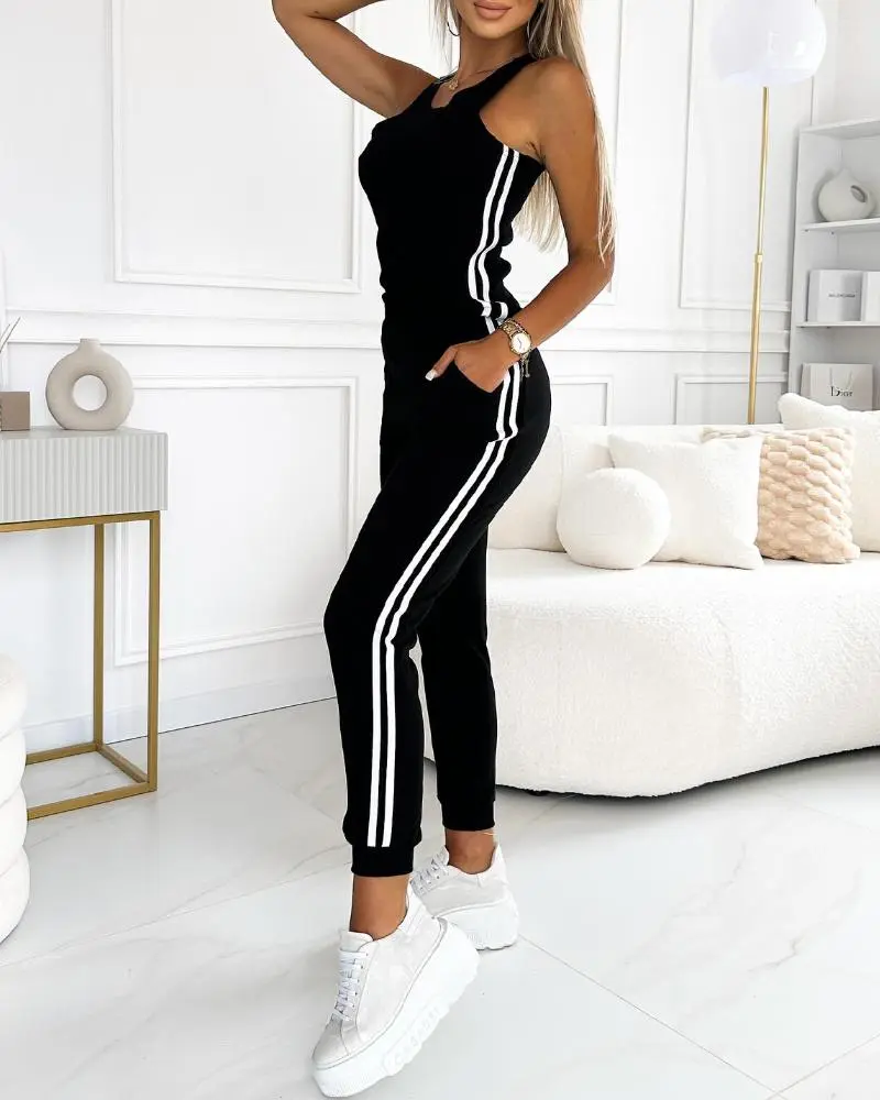 3 Piece Outfits Matching Sets Striped Tape Patch Tank Tops Button Front Jacket Cuffed Pants with Pockets Tracksuit