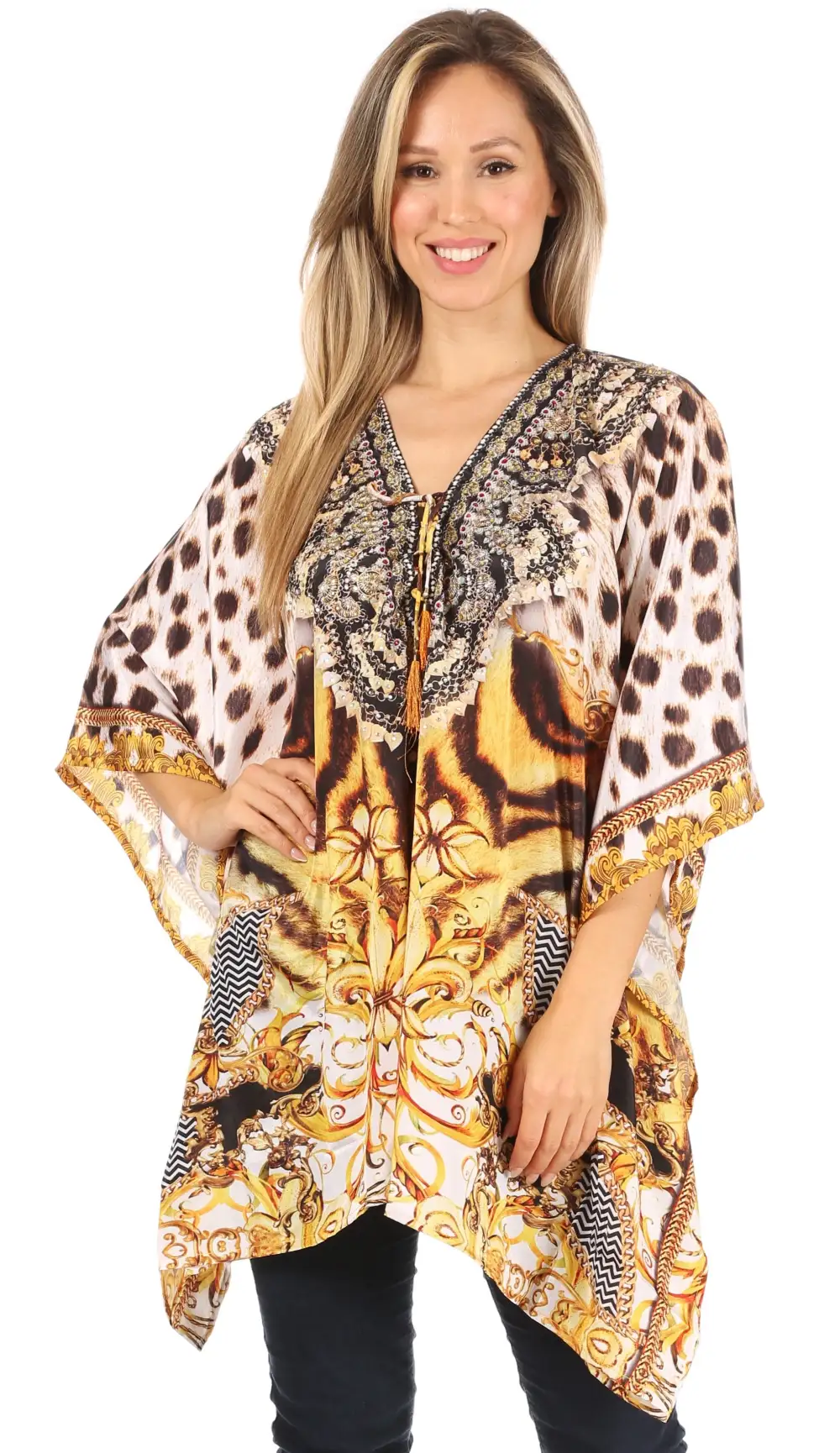 Women's Caftan Poncho Cover up V neck Top Lace up With Rhinestone