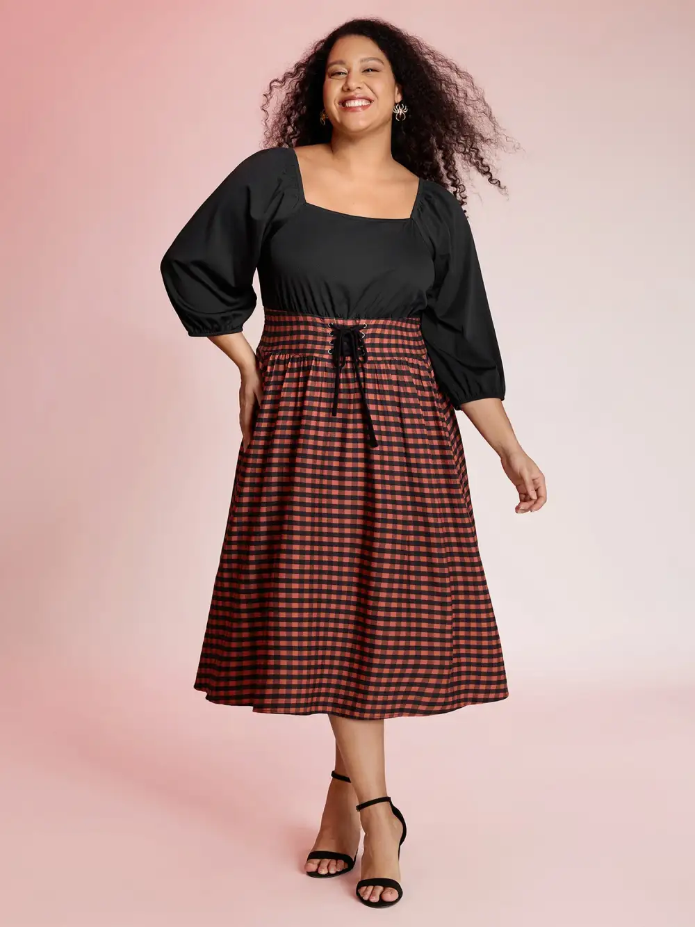 Halloween Plaid Print Crosstie Contrast Midi Dress