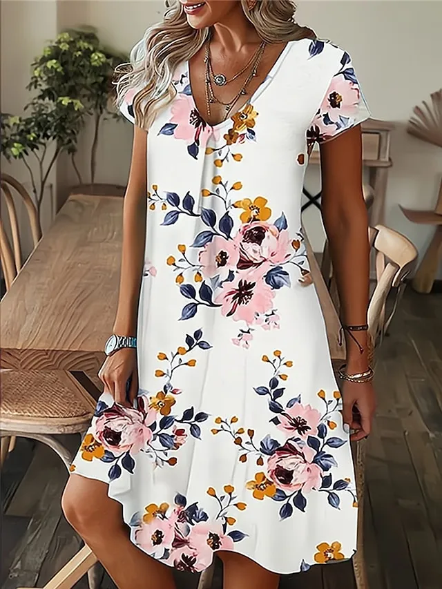 Women's Floral Leaf Print V Neck Midi Dress Daily Vacation Short Sleeve Summer Spring