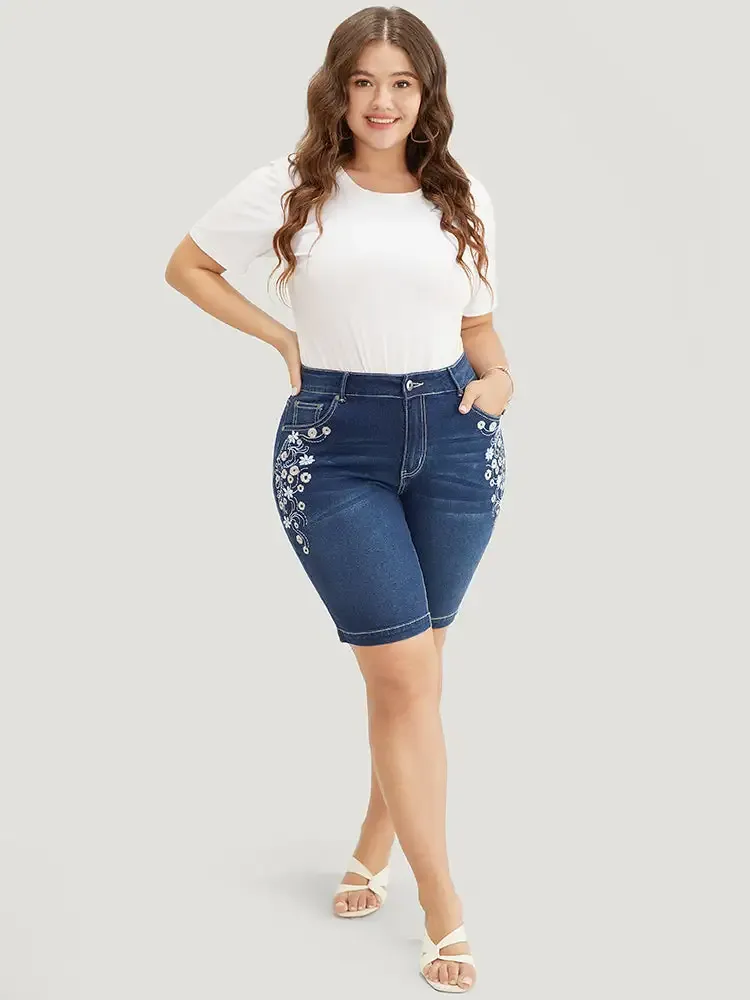 Very Stretchy High Rise Dark Wash Floral Embroidered Denim Shorts