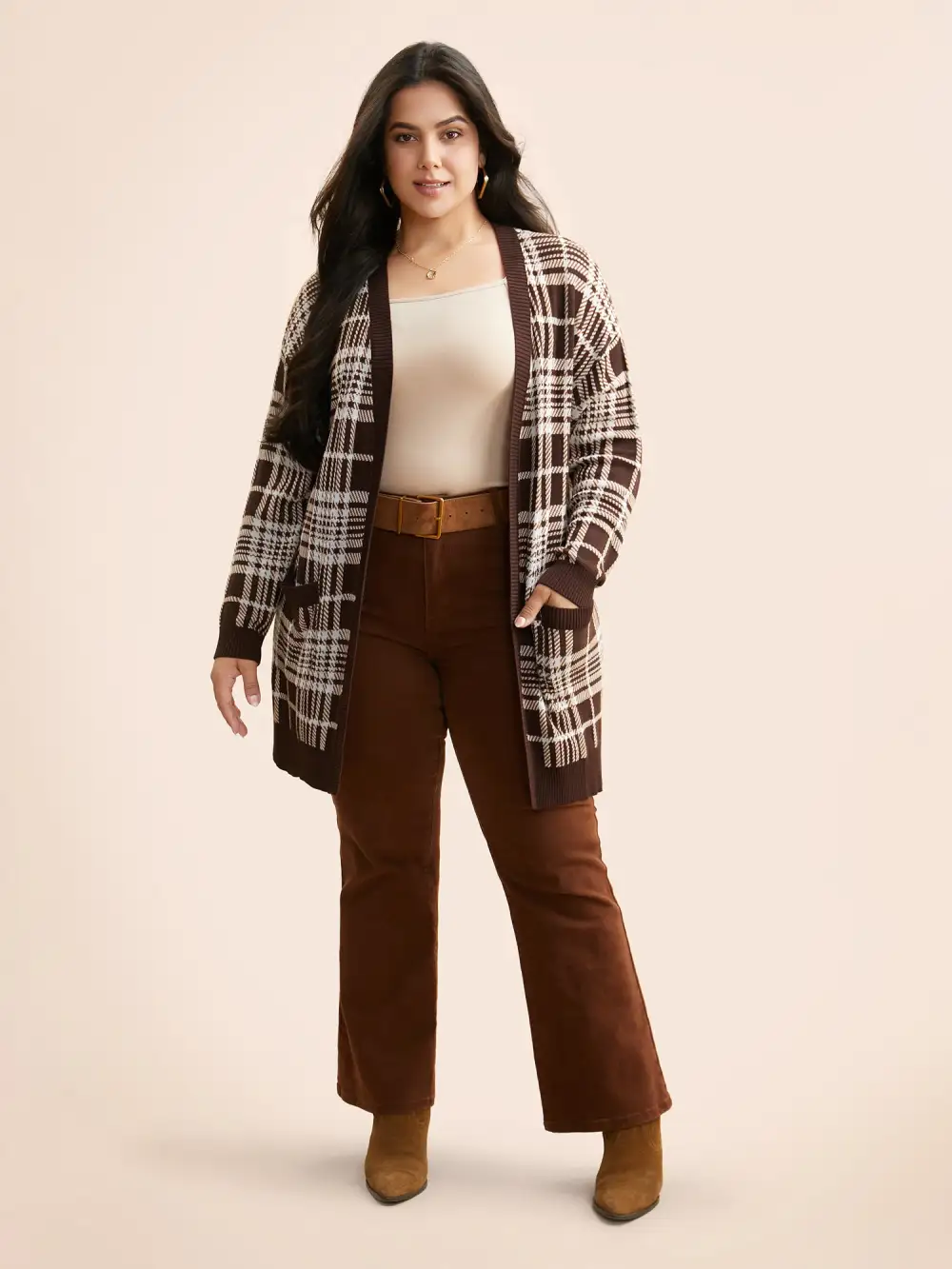 Plaid Open Front Patch Pocket Cardigan