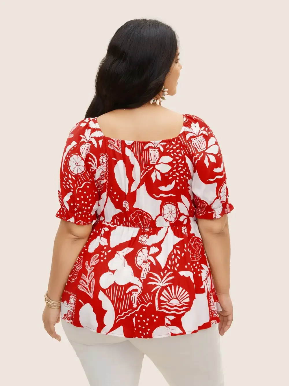 Tropical Print Bowknot Shirred Lantern Sleeve Blouse