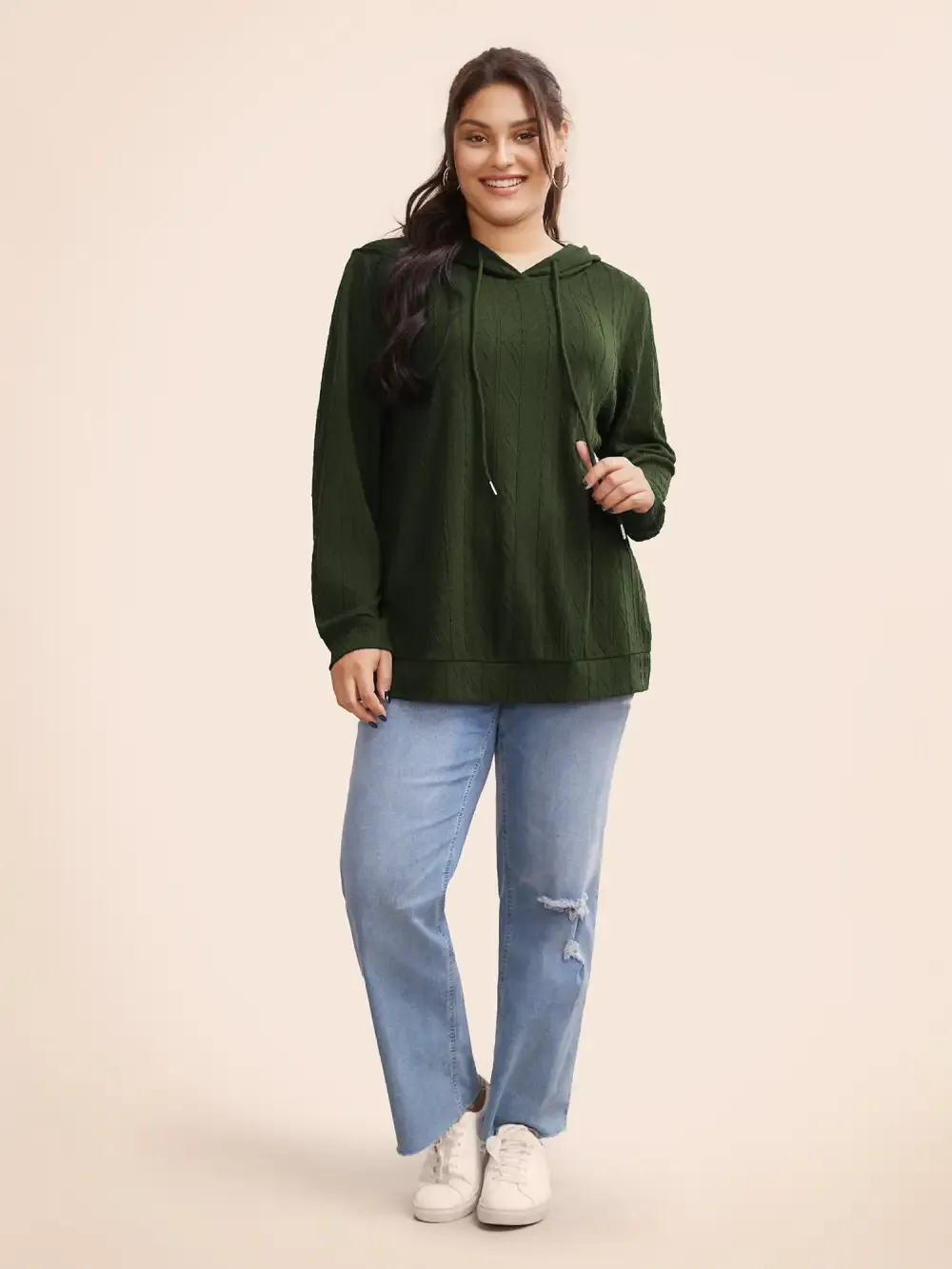 Plain Textured Hooded Drawstring Sweatshirt