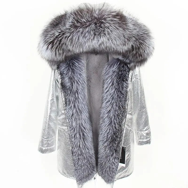 Women's Parka Natural Fox Fur Long Coat Artificial Fur Lining Fur