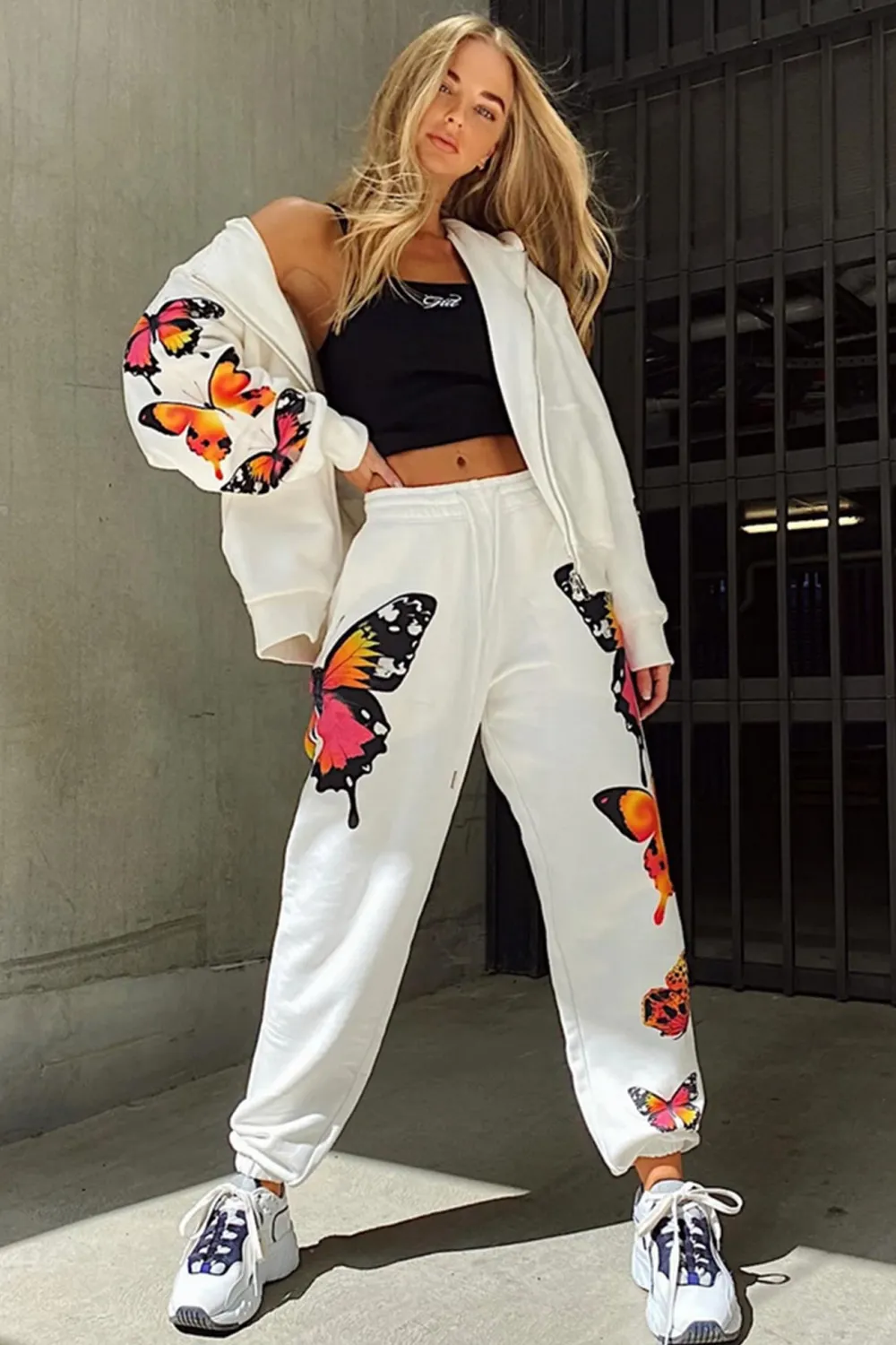 Butterfly Print Hoodie Long Pants Two Piece Outfits