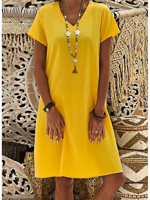 Women's Casual Dress Casual Dress Shift Dress Pure Color Pocket V Neck Midi Dress Basic Daily Vacation Short Sleeve Loose Fit Black Yellow Light Green Summer Spring S M L XL XXL