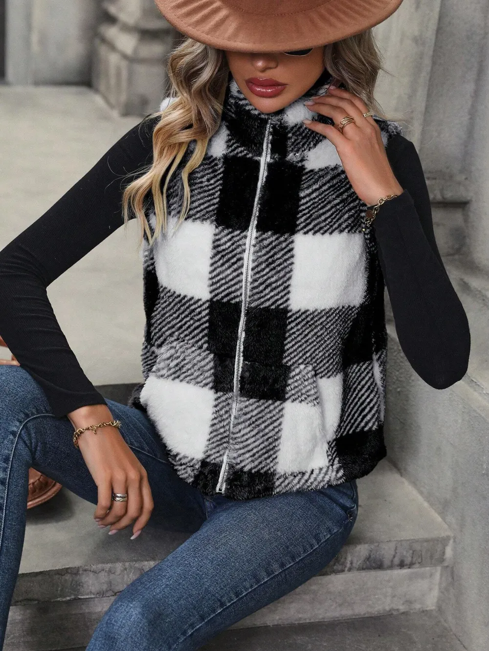 Buffalo Plaid Pattern Zipper Teddy Vest Jacket