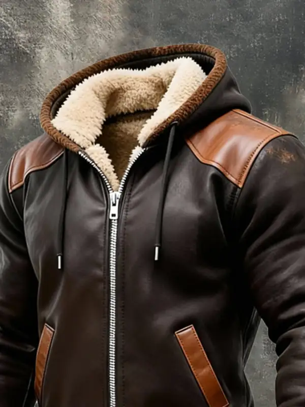 Men'S Warm Plush Distressed Soft Leather Hooded Jacket