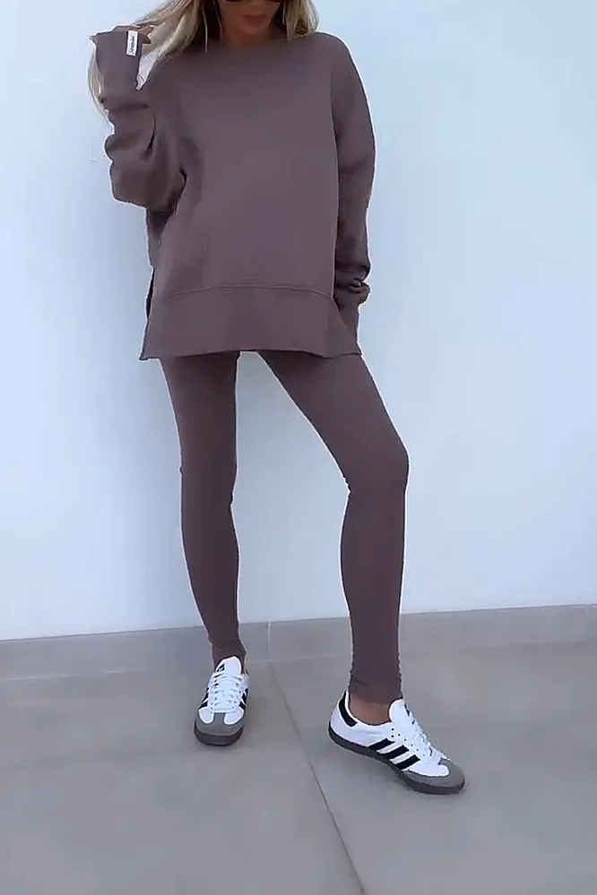 Women's solid color round neck top and pants two-piece set