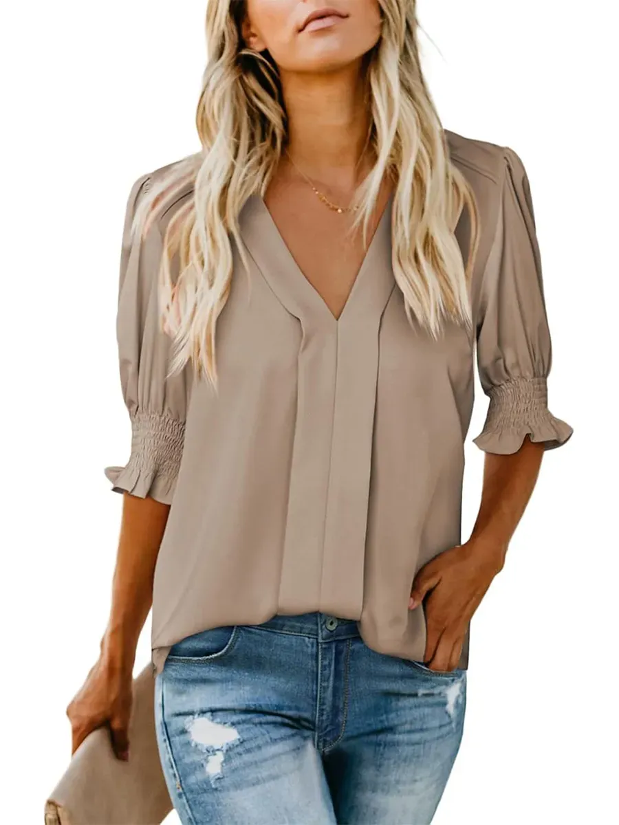 ✨Women's V Neck Dressy Puff Ruffle Blouse Casua Short Sleeve Tops