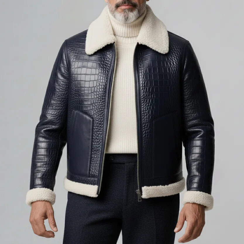 Men's Navy Blue Crocodile PU Leather Plush Patchwork Shirt Collar Long Sleeve Zipper Jacket