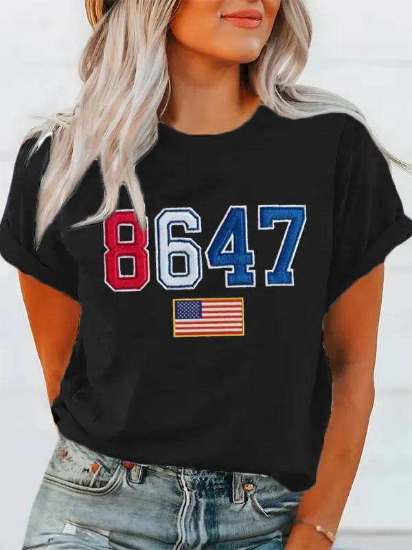 Women'S T-Shirt Women'S Retro 8647 Flag Waffle Fabric Round Neck T-Shirt