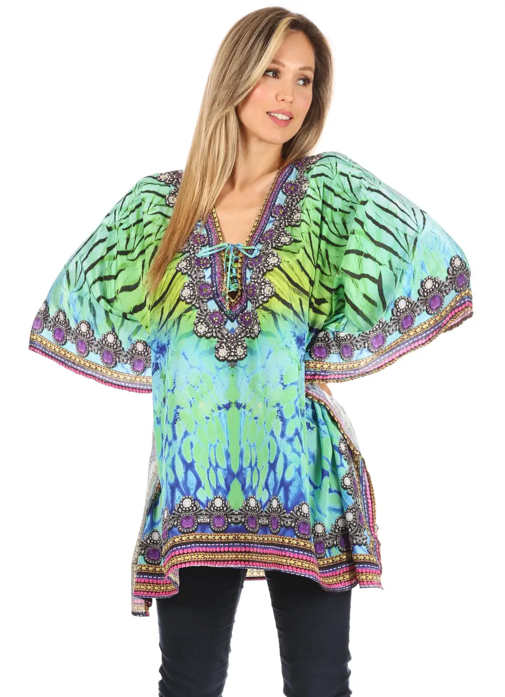 Women's Caftan Poncho Cover up V neck Top Lace up With Rhinestone