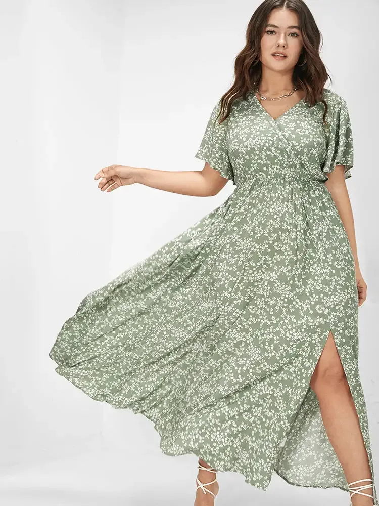 Bloom Dress - Flutter Sleeve Ditsy Floral Pocket Split Maxi Dress