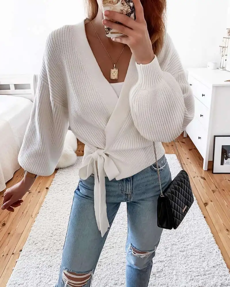 V-Neck Bandage Cardigan Sweater Solid Color Hollow Ladies Sweater