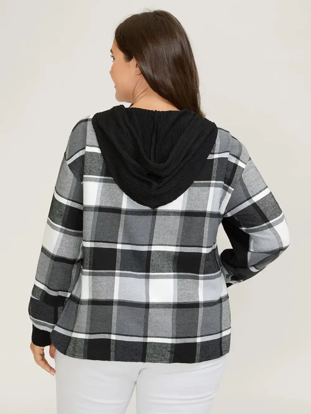 Plaid Contrast Print Relaxed-Fit Hoodie