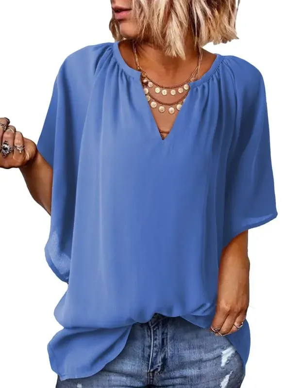 ✨ New Women's V Neck 3/4 Batwing Sleeve Blouse Pleated Flowy Tunic Tops