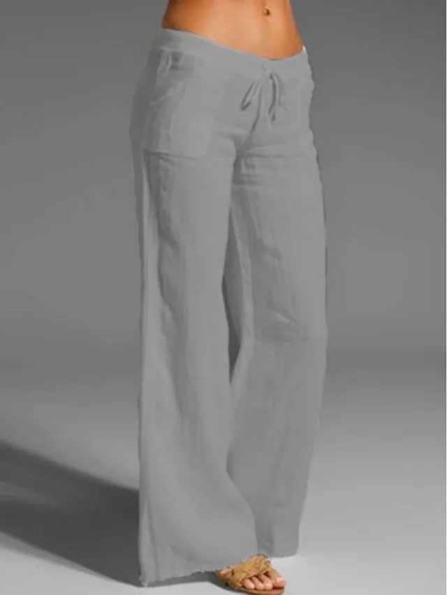 Women's Wide Leg Chinos Cotton Linen Baggy Mid Waist Black Summer
