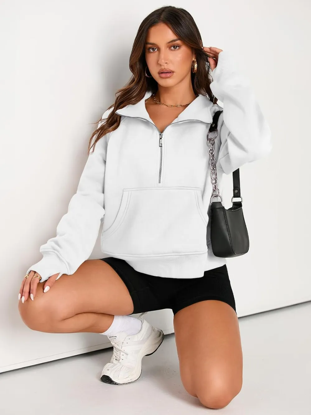Womens Sweatshirts Half Zip Cropped Pullover Fleece Quarter Zipper Hoodies Fall outfits Clothes Thumb Hole