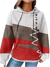 Women's Pullover Hoodie Sweatshirt Geometric Striped Casual Long Sleeve Hooded Regular Tops Street Dailywear Pocket Print White Wine Red Blue Fall Winter
